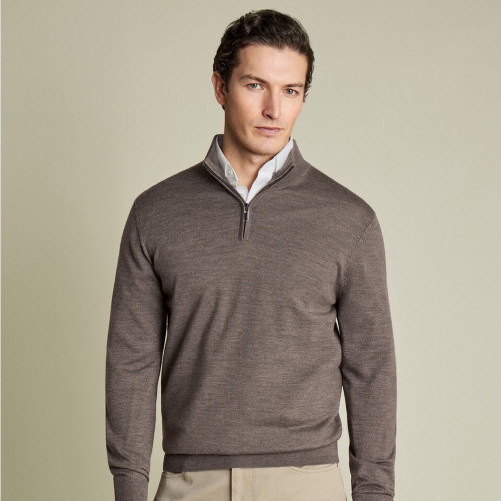 Charles Tyrwhitt Men's Taupe Zip-Up Sweater